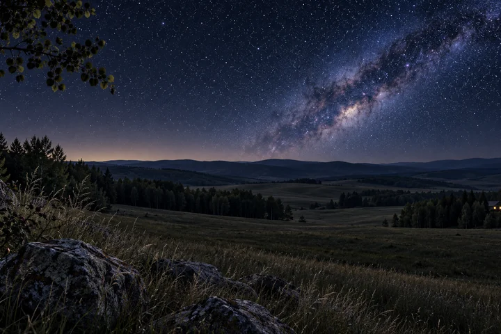 Imagined Alberta country landscape at night with close glacial stones and grasses, overlapping meadows and wooded ridges, a tiny warmly lit home and the Milky Way across an indigo sky.