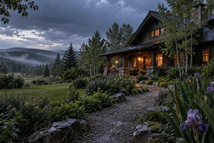 Imagined Arts and Crafts influenced timber and stone home in a wet summer garden, with close violet iris, a gravel path, birch and layered parkland woods beneath rain clouds