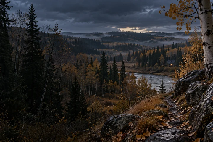 Imagined autumn Alberta river valley with close wet stones, gold leaves and pale aspen trunks, a private bank path, a narrow silver river bend and layered wooded ridges under storm clouds
