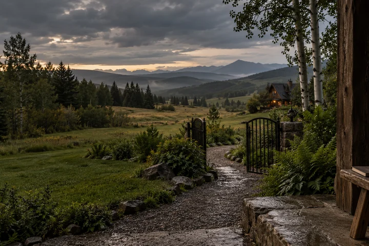 Imagined private Alberta country-home threshold with close cedar post, limestone step, bench and cup, an open garden gate and gravel path, a warm timber home, meadows and receding wooded foothills and mountains
