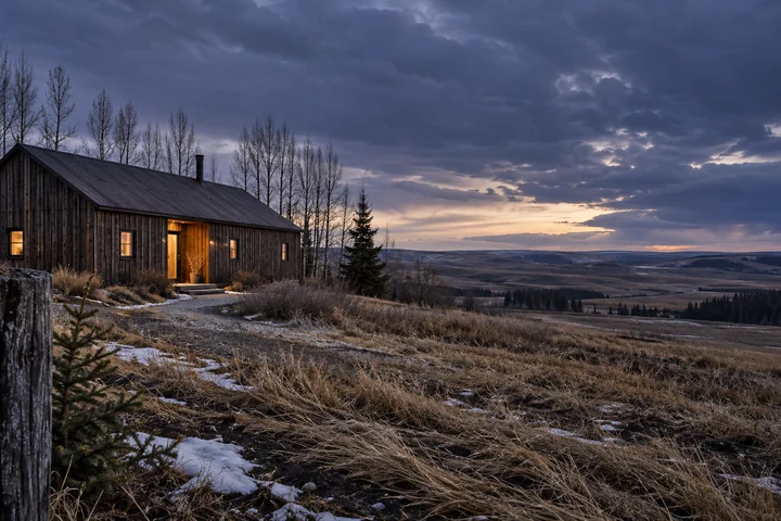 Imagined weathered timber building with a restrained warm doorway, close fence post, thawing snow and tawny grass overlooking a broad rolling prairie valley at winter dusk