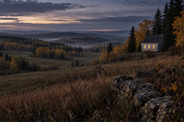 Imagined Alberta parkland at dusk: wild rose hips and fieldstone frame a small warmly lit country hall, autumn aspens and receding wooded ridges.