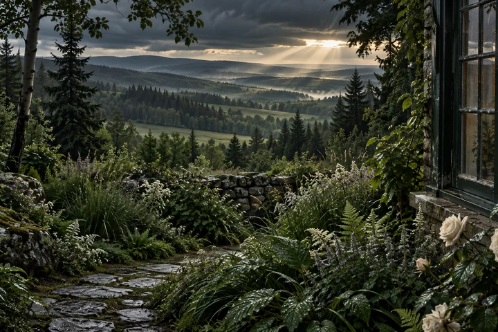 Imagined Alberta summer garden after rain, with a close old glass-and-timber garden room, white flowers, wet foliage and stone, a meadow and layered wooded parkland beneath silver light.