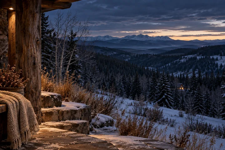 Imagined Alberta winter veranda with close timber, fieldstone and a wool blanket, snowy grasses, a spruce ravine, a small distant lit window and successive foothill ridges at blue hour.