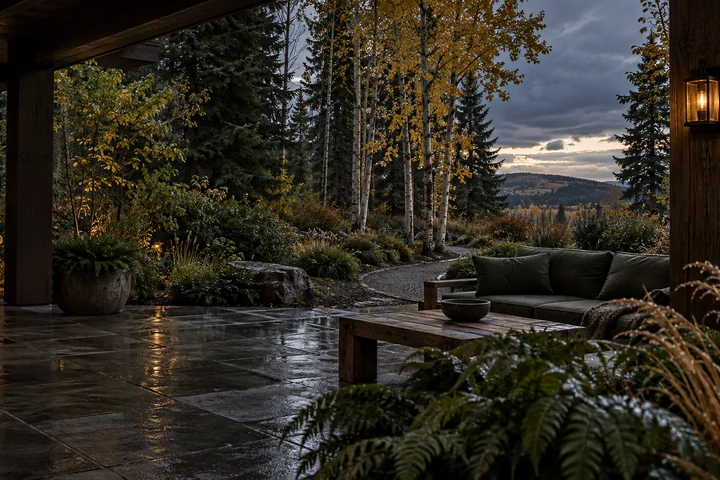 Imagined sheltered timber terrace with an olive sofa, wet stone, close fern and grasses, golden aspen, a garden path and a distant rolling hill beneath storm clouds