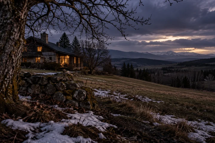 Imagined early-spring Alberta foothill home with a close bare tree and weathered stone wall, patches of thawing snow, rolling meadow and distant blue-grey mountains under evening cloud