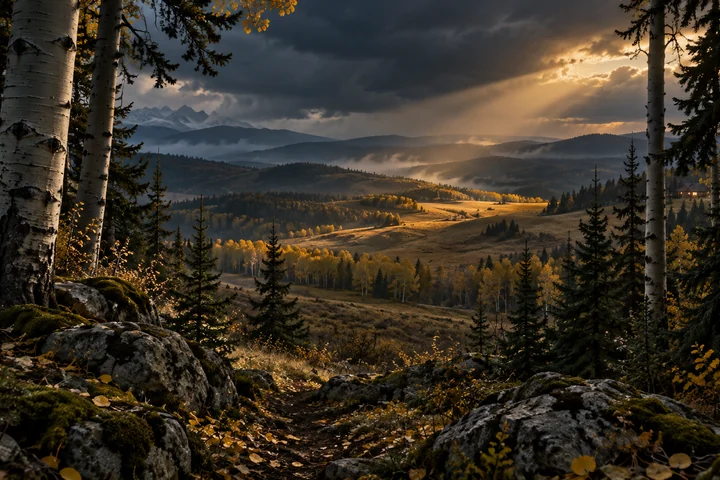 Imagined Alberta foothill woodland opening onto golden meadows, a small warm country house and distant misty mountain ridges