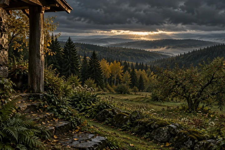 Imagined Alberta heritage-home setting with a close fieldstone wall, aged timber veranda post and fern-lined steps, a sheltered apple tree meadow and many wooded ridges beneath luminous storm clouds.