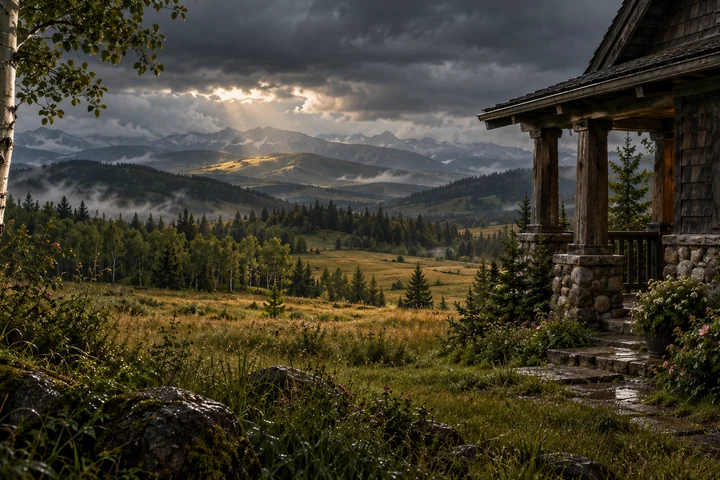 Imagined Alberta country home with a sheltered timber and fieldstone veranda, close aspen and wild roses, meadow and woodland valleys, distant foothills and storm-lit mountains.