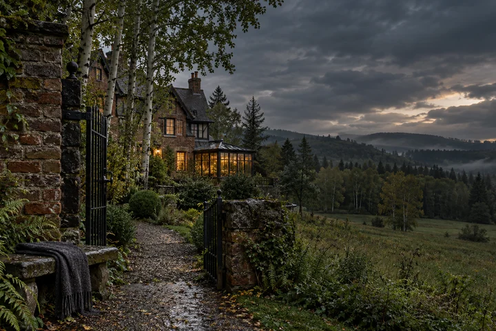 Imagined private Alberta parkland garden with a close rain-dark brick wall, iron gate and stone bench, a warm brick-and-timber home and layered aspen woods and distant parkland ridges