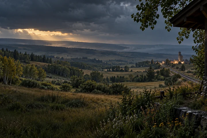 Imagined Alberta railway country framed by a close timber depot eave and cottonwood branch, with prairie meadows, a distant village and elevator, a receding rail corridor and layered storm-lit ridges.