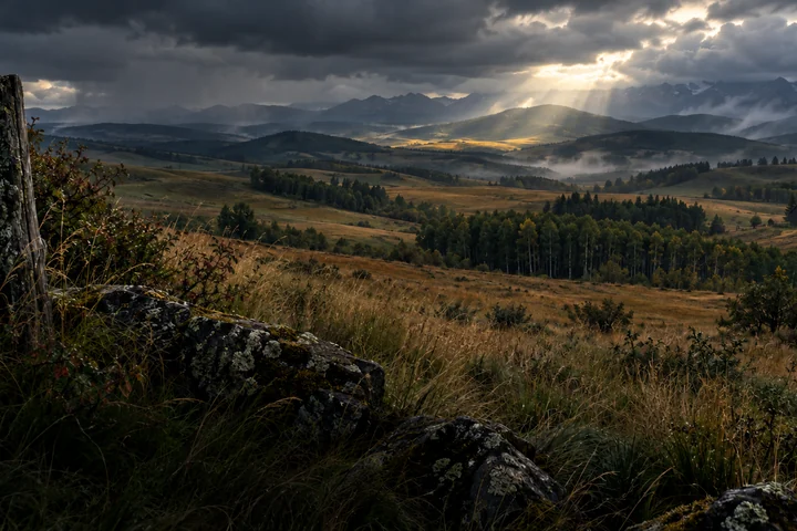 Imagined Alberta foothill ranch country with a close weathered fencepost, fieldstones and grasses, layered aspen valleys, a small distant barn and rain over a far mountain skyline.