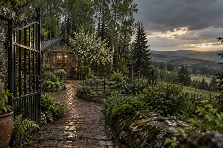 Imagined late-spring Alberta country garden with a close iron gate and lichen-covered stone, rain-dark brick path, new foliage, a warm timber-and-glass potting room and distant wooded parkland ridges