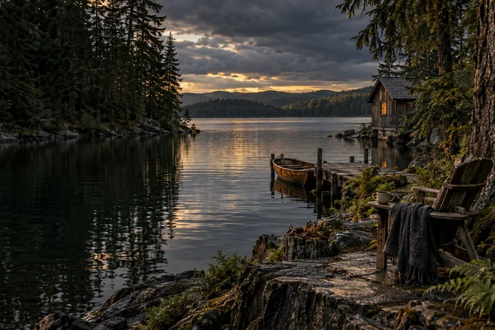 Imagined Alberta summer lake shore with close spruce, wet stone and fern, a cedar chair and cup, a small wooden boat beside a landing, a warm cedar boathouse and layered forested shores under evening cloud