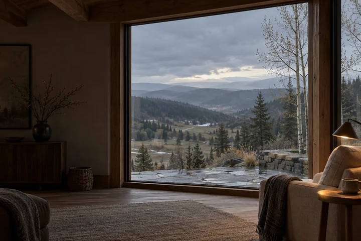 Imagined shadowed country room with a timber window reveal, reading chair and lamp overlooking bare spring aspen, retreating snow, meadow and layered misty foothills