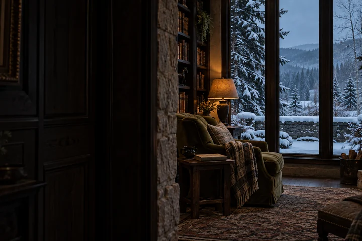 Imagined Alberta winter library with close limestone and oak, an olive reading chair, amber lamp and small fireplace beside windows onto snowy spruce, bare aspen and a distant wooded ridge