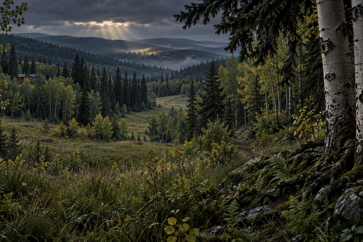 Imagined Alberta woodland with close aspen trunks, spruce boughs and roots framing a long grassy glade, overlapping forest ridges and a small distant country home.